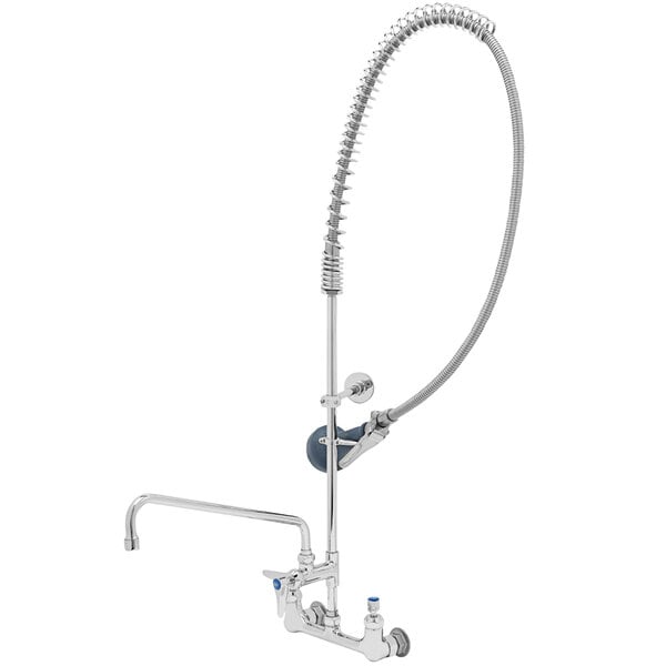 A silver T&S EasyInstall wall mounted pre-rinse faucet with a hose.