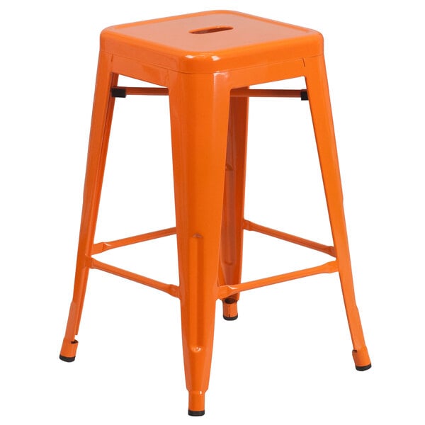 An orange Flash Furniture metal backless counter height stool with square legs.