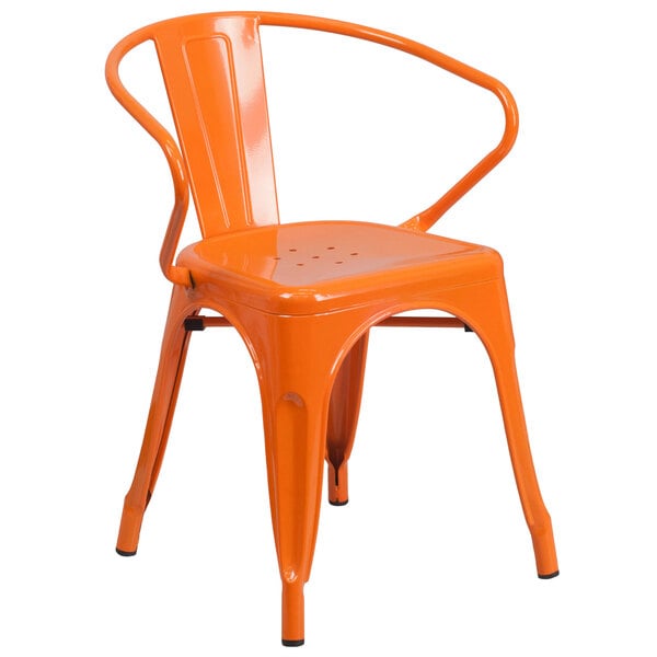 An orange Flash Furniture outdoor restaurant chair with arms and a drain hole seat.