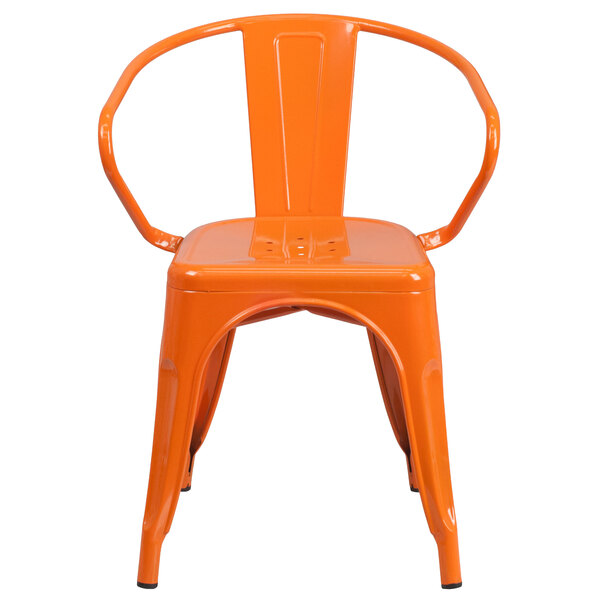 An orange Flash Furniture metal chair with arms and a vertical slat back.