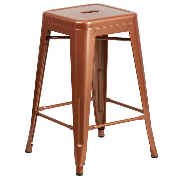 A Flash Furniture copper metal backless counter height stool with square legs and a square seat with drain holes.