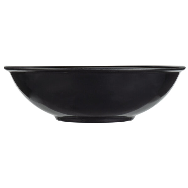 A black Vollrath melamine round serving bowl.