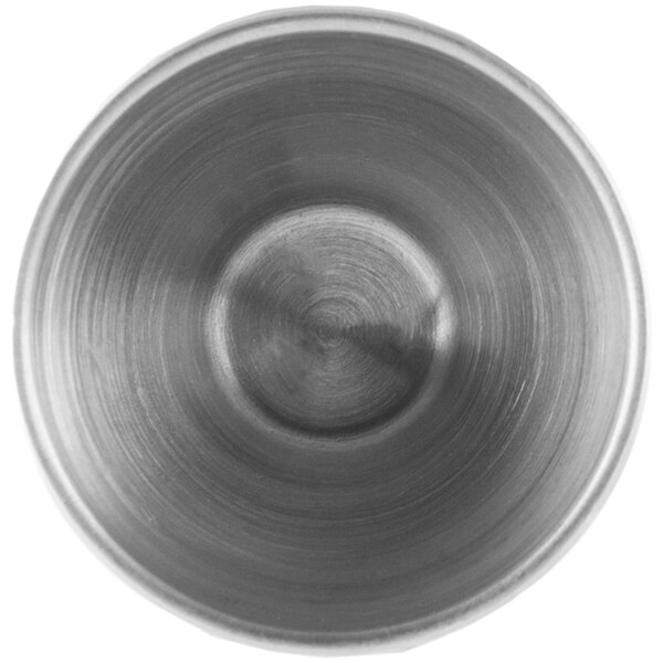 A close-up of the American Metalcraft stainless steel Japanese jigger with a spiral on a white background.