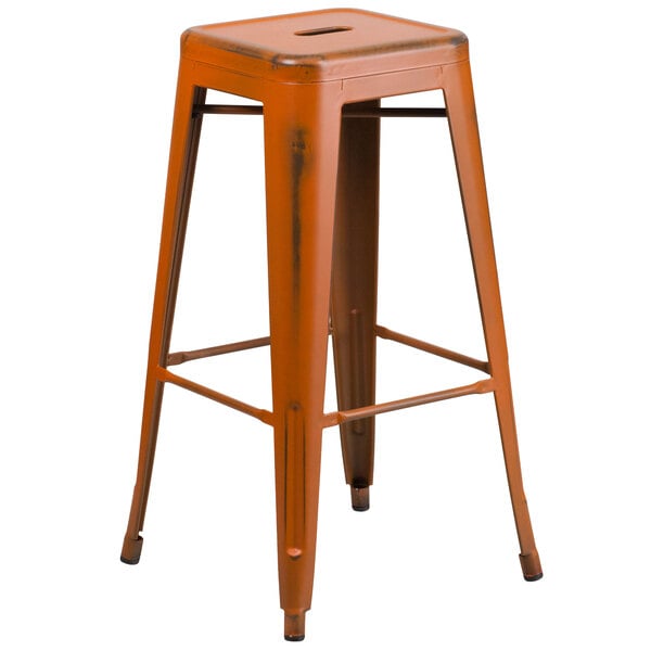 An orange metal Flash Furniture bar stool with a square seat.