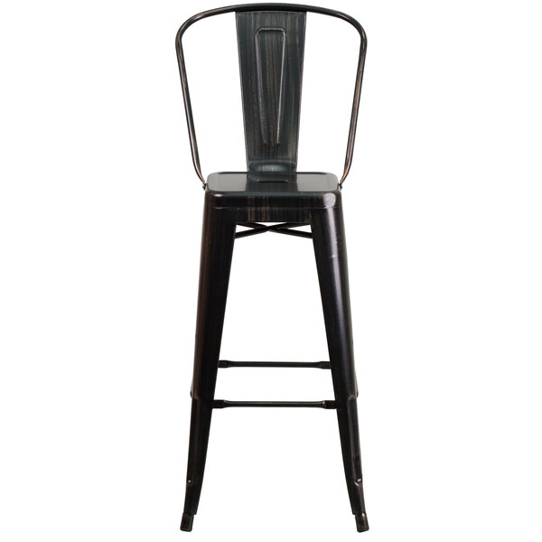 A Flash Furniture black metal bar stool with a black back and seat.