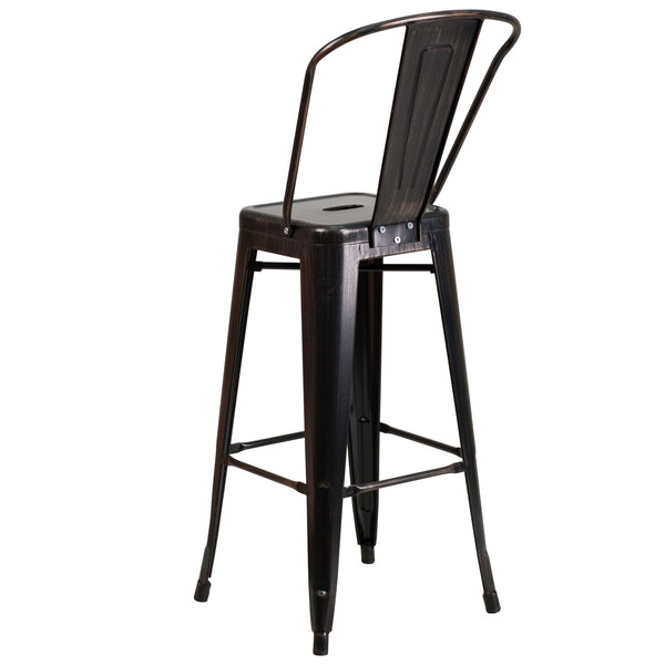 A Flash Furniture black metal bar stool with a backrest.