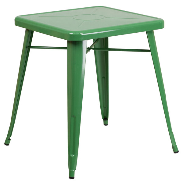 A Flash Furniture green metal square cafe table with legs.