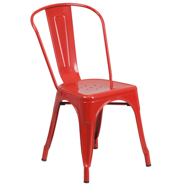 A red Flash Furniture outdoor restaurant chair with a slat seat and back.