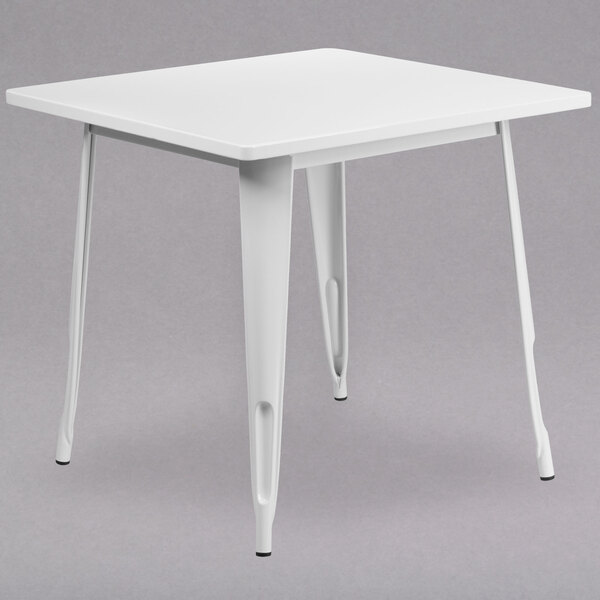 A Flash Furniture white metal square cafe table with metal legs.