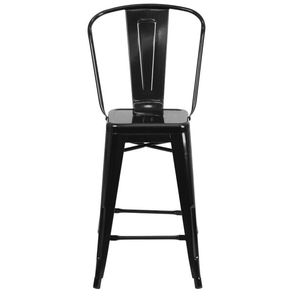 A black metal Flash Furniture counter height stool with a slat back.