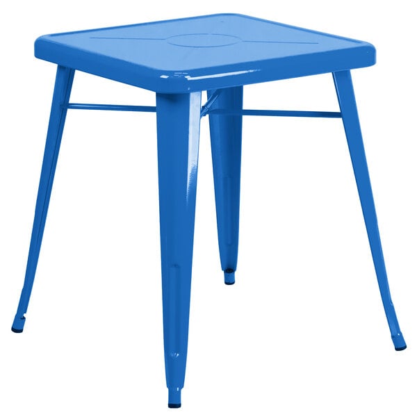 A blue metal Flash Furniture square cafe table with legs.