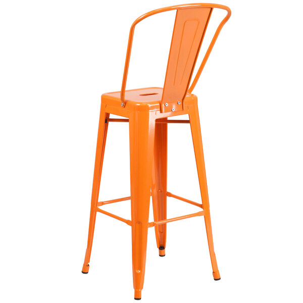 An orange Flash Furniture bar height stool with a vertical slat back.