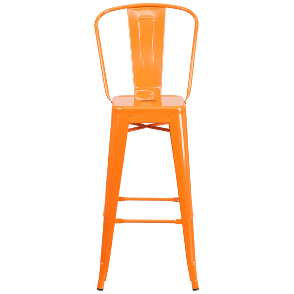 An orange Flash Furniture bar stool with a backrest and seat with a drain hole.