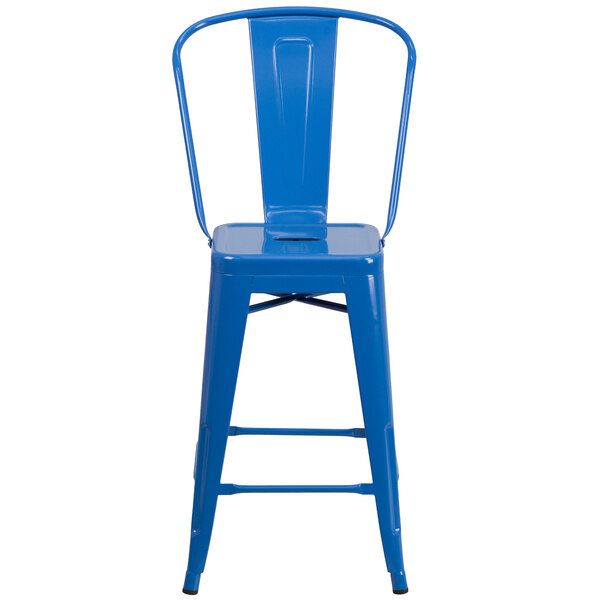 A blue galvanized steel bar stool with a vertical slat back.