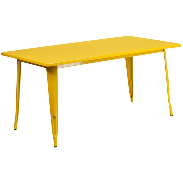 A yellow Flash Furniture rectangular cafe table with metal legs.