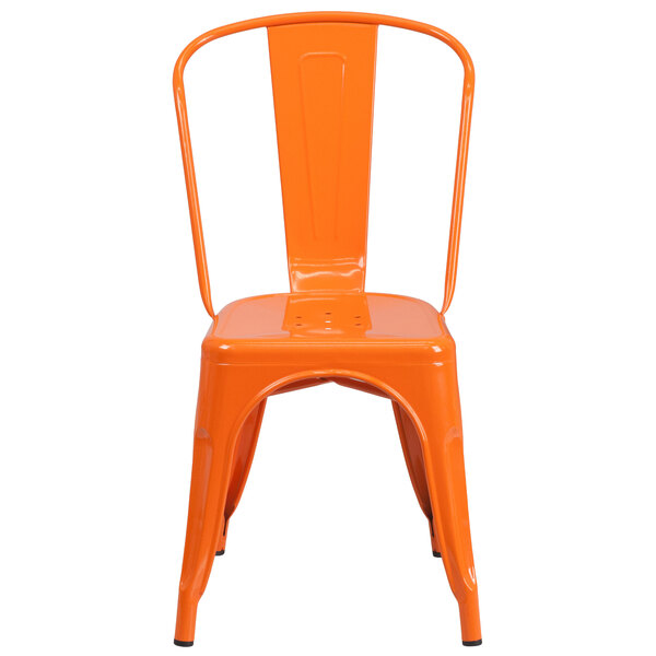 An orange Flash Furniture metal chair with a slatted back and drain hole seat.