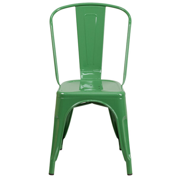 A green metal Flash Furniture chair with a vertical slat back.