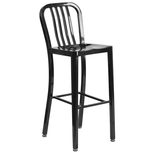 A Flash Furniture black metal bar stool with a backrest.