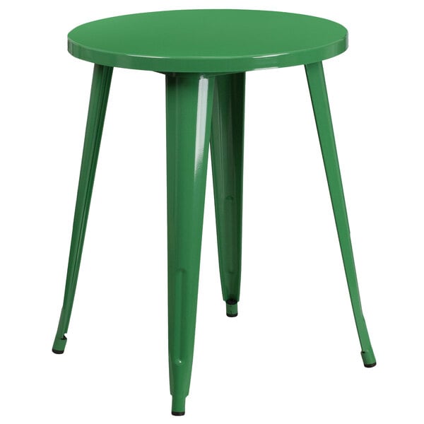 A green metal Flash Furniture round cafe table with legs.