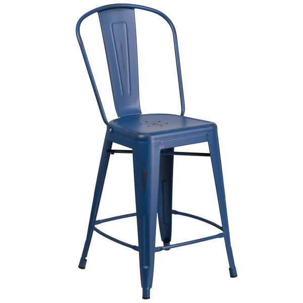 A blue metal Flash Furniture counter height stool with a slat back and drain hole seat.