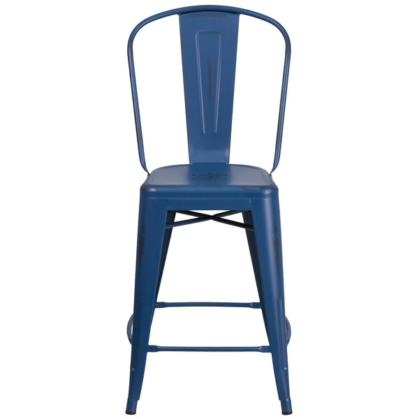 A Flash Furniture blue metal counter height stool with a vertical slat back and drain hole seat.