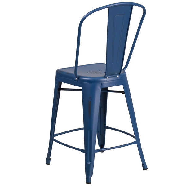 A Flash Furniture blue metal counter height stool with a vertical slat back.