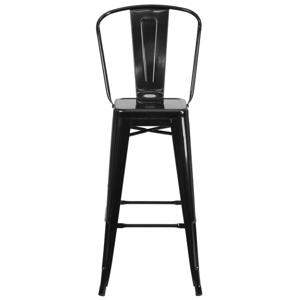 A Flash Furniture black galvanized steel bar stool with a vertical slat back.