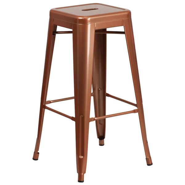 A brown Flash Furniture copper metal bar stool with a square seat.