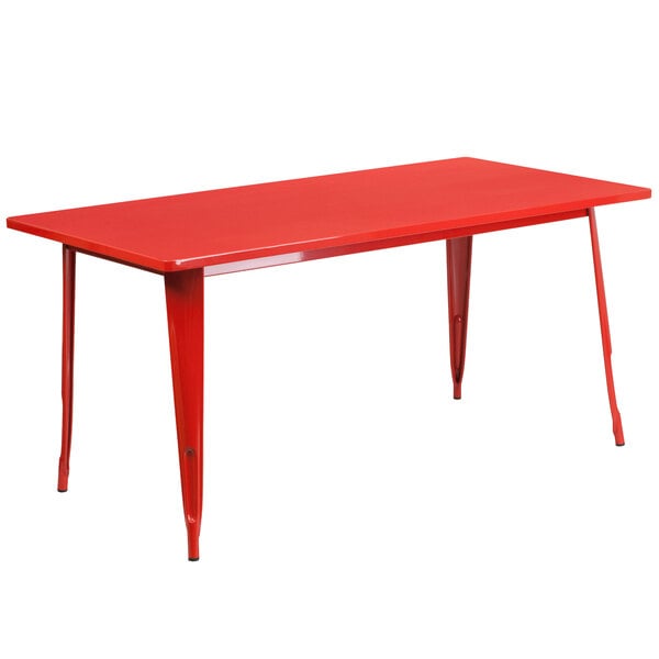 A red rectangular Flash Furniture cafe table with metal legs.