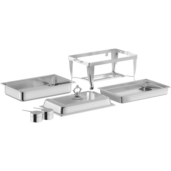 A silver rectangular Choice Chafer with a classic cover.