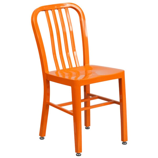 An orange metal chair with a vertical slat back on a white background.