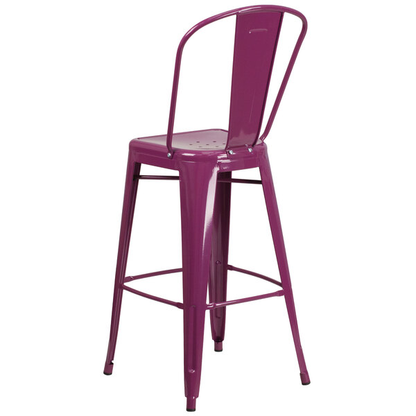 A purple Flash Furniture bar stool with a vertical slat back and drain hole seat.