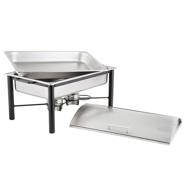 An Acopa wrought iron chafer kit on a metal tray with a roll top lid.