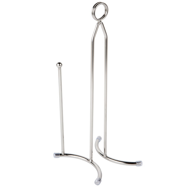 A silver metal American Metalcraft curved wire paper towel holder with a card holder.