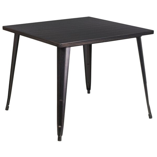 A Flash Furniture black metal square cafe table with legs.