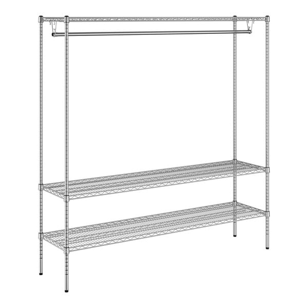 A Regency chrome wire clothing rack with two shelves.