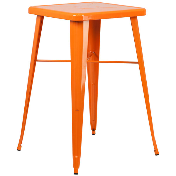 An orange metal Flash Furniture square bar height table with legs.