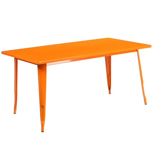 An orange metal Flash Furniture cafe table with metal legs.