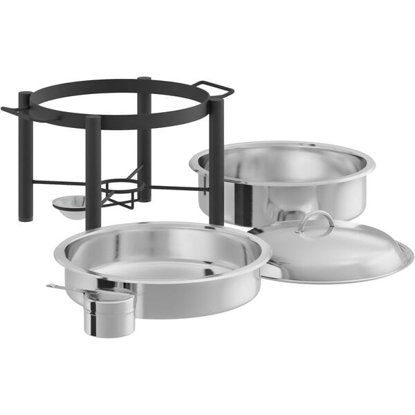 An Acopa wrought iron chafing dish with two pans inside.