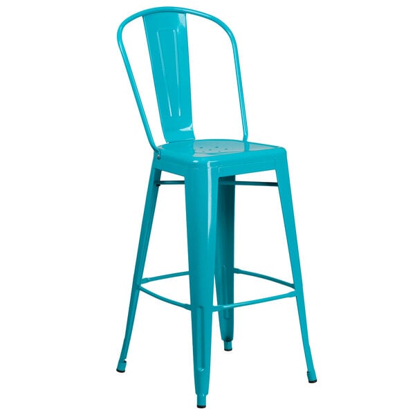 A Flash Furniture teal blue galvanized steel bar stool with a vertical slat back and drain hole seat.