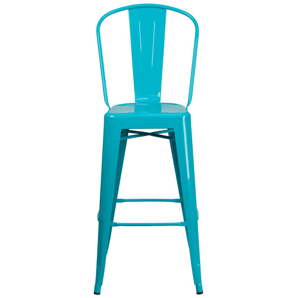 A Flash Furniture turquoise metal bar stool with a backrest and drain hole seat.