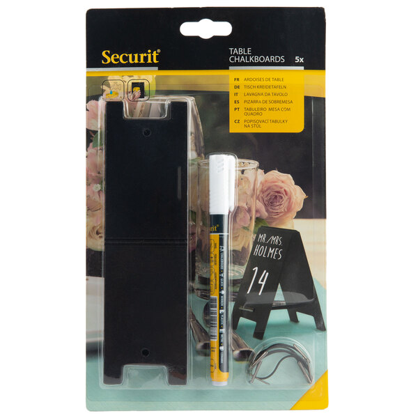 An American Metalcraft package of black chalkboard tent signs with a marker.