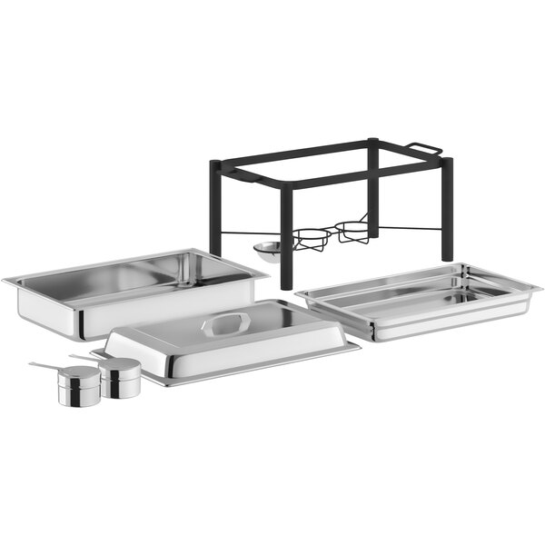 An Acopa wrought iron chafing dish with stainless steel pans on a metal tray.