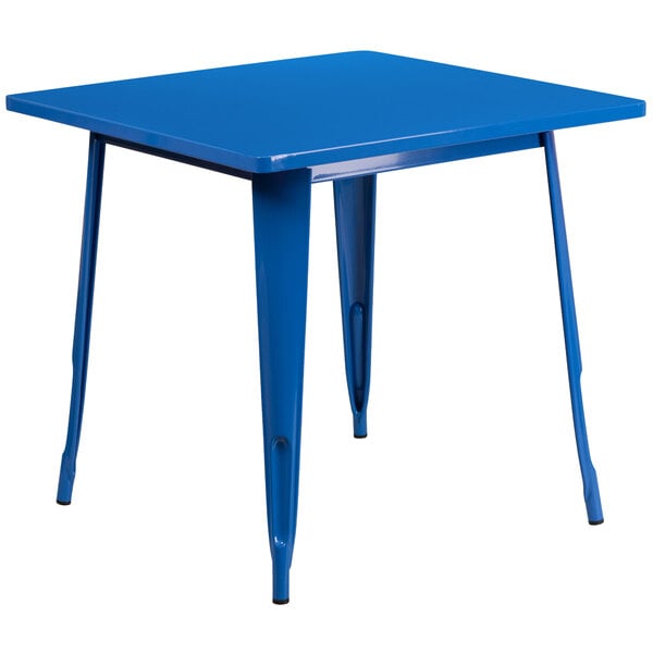 A blue Flash Furniture metal square cafe table with legs.