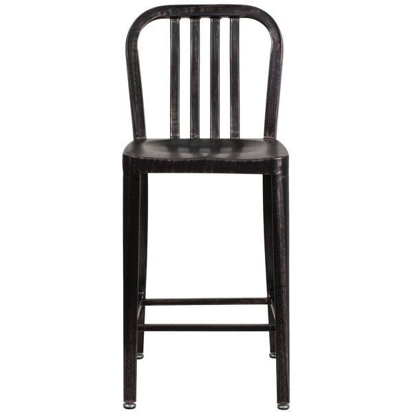A Flash Furniture black metal counter height stool with a vertical slat back.