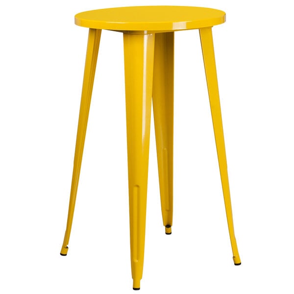 A yellow metal Flash Furniture bar height table with legs.