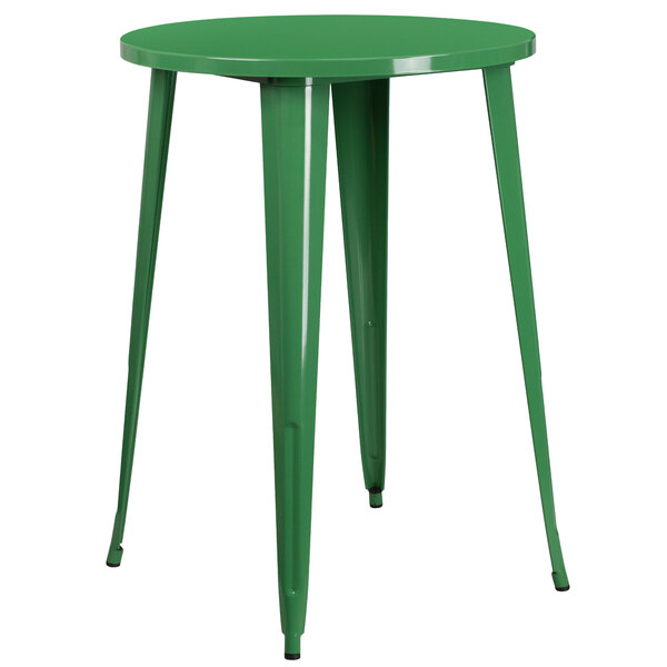 A Flash Furniture green metal round bar height table with legs.