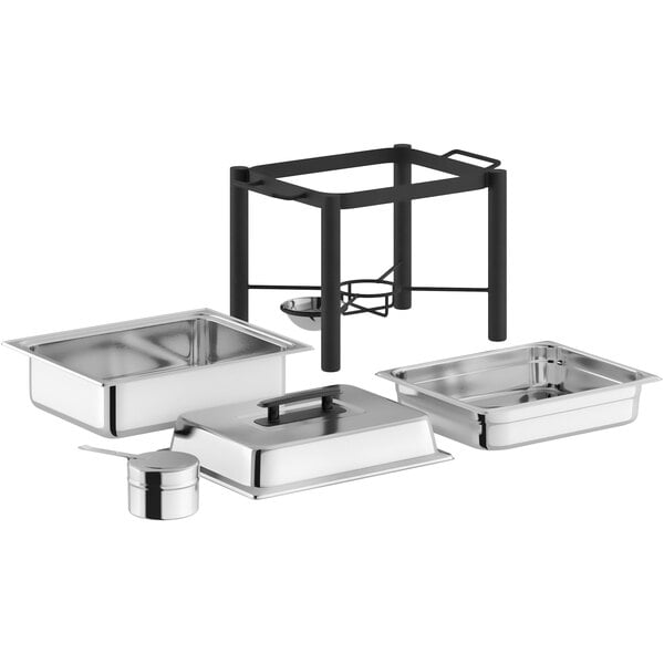 An Acopa wrought iron chafing dish with stainless steel pans on a counter.