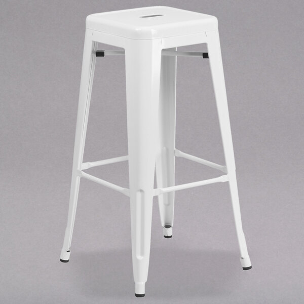 A Flash Furniture white metal bar stool with a square seat and no backrest.
