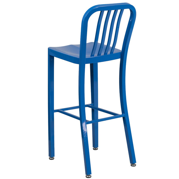 A blue Flash Furniture metal bar stool with a backrest.